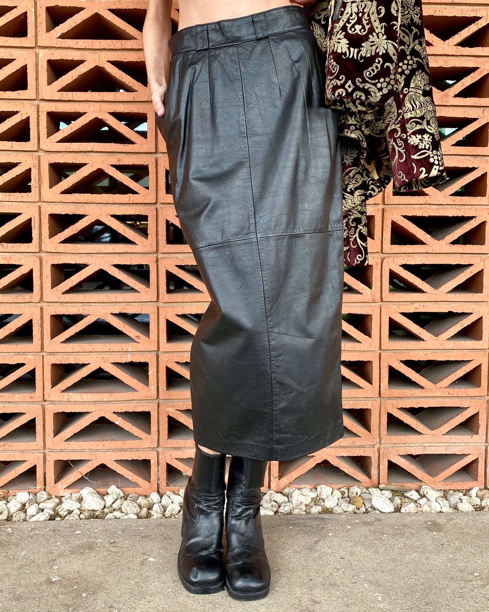 New Wave 80's Black Leather Midi Skirt