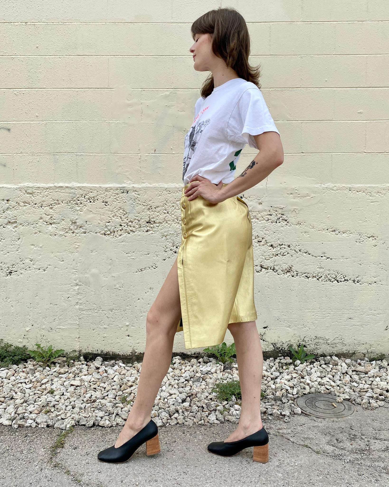 We're In The Money Gold Leather Yves Saint Laurent Skirt