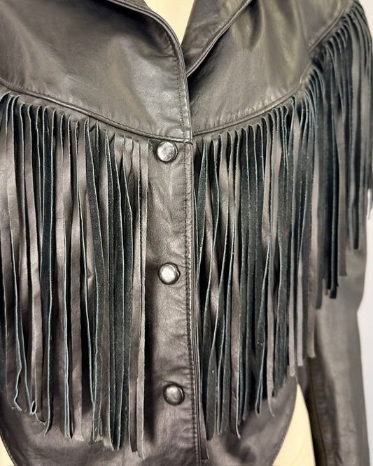 French Black Fringe Leather Jacket