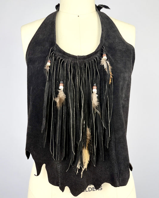 Black Suede Feather Trim Halter Top