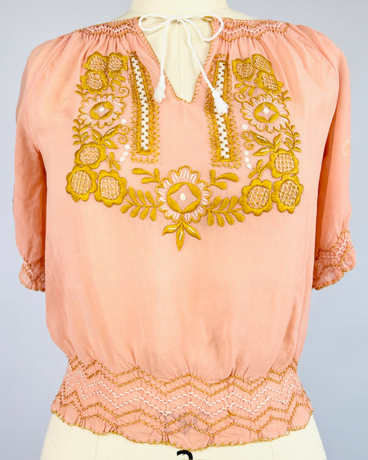 Muted Peach + Gold Embroidered Blouse