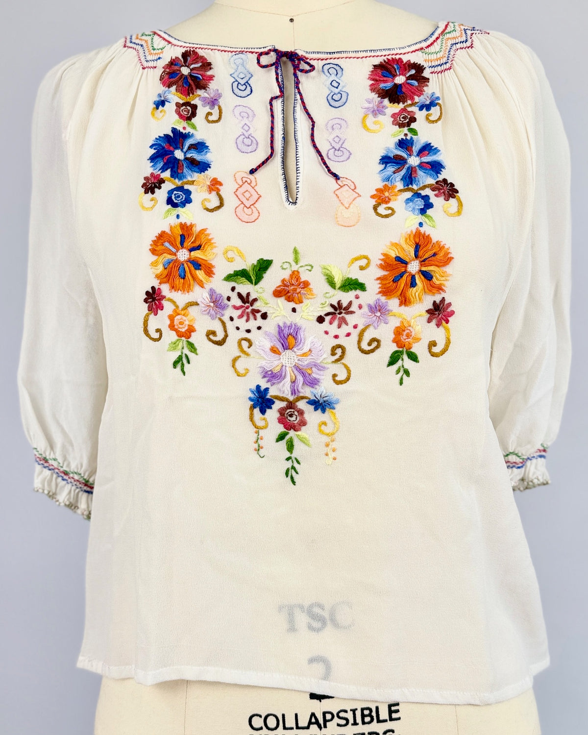 Red + Blue Tie Large Daisies Folk Blouse