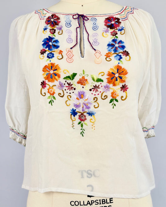 Red + Blue Tie Large Daisies Folk Blouse