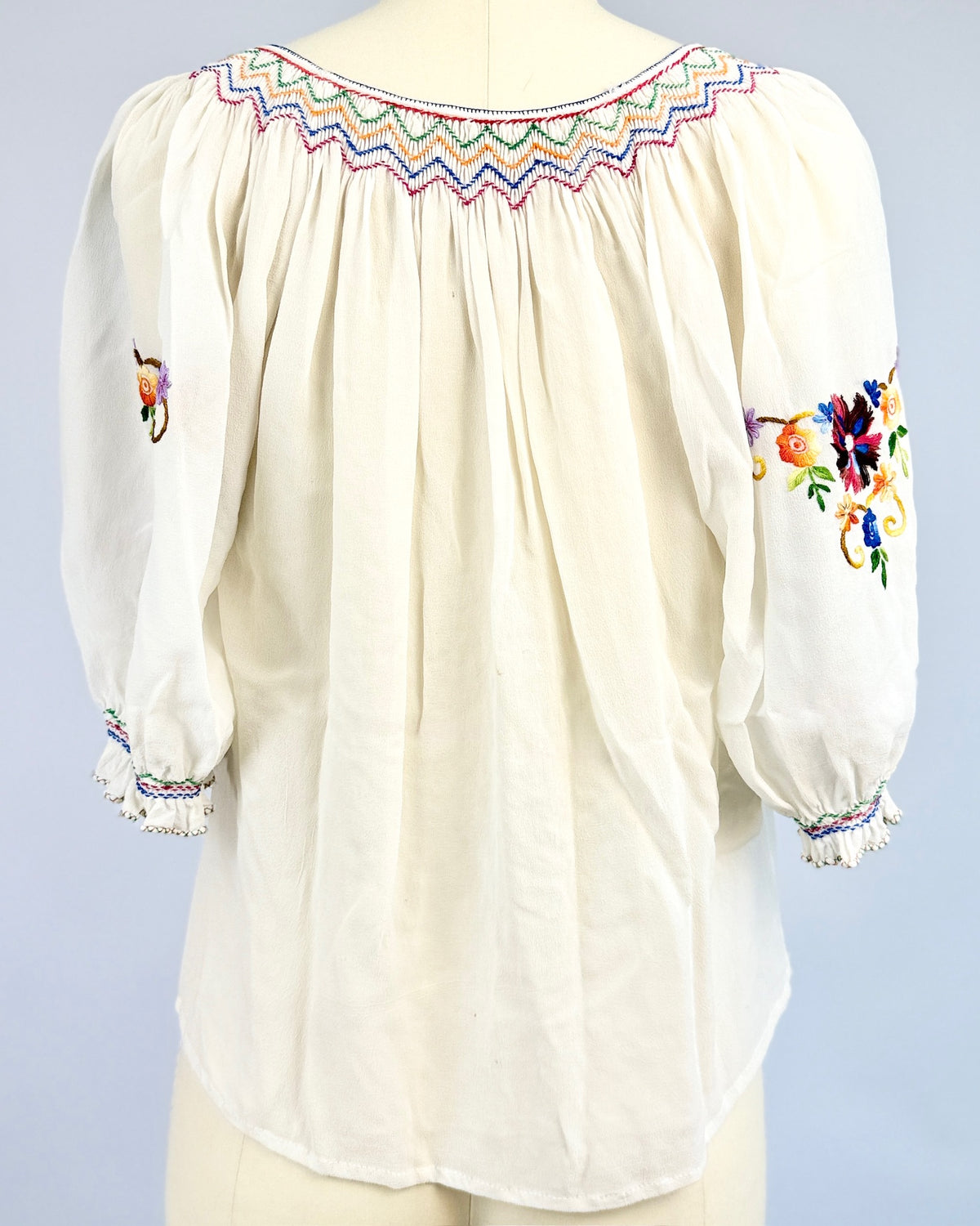 Red + Blue Tie Large Daisies Folk Blouse