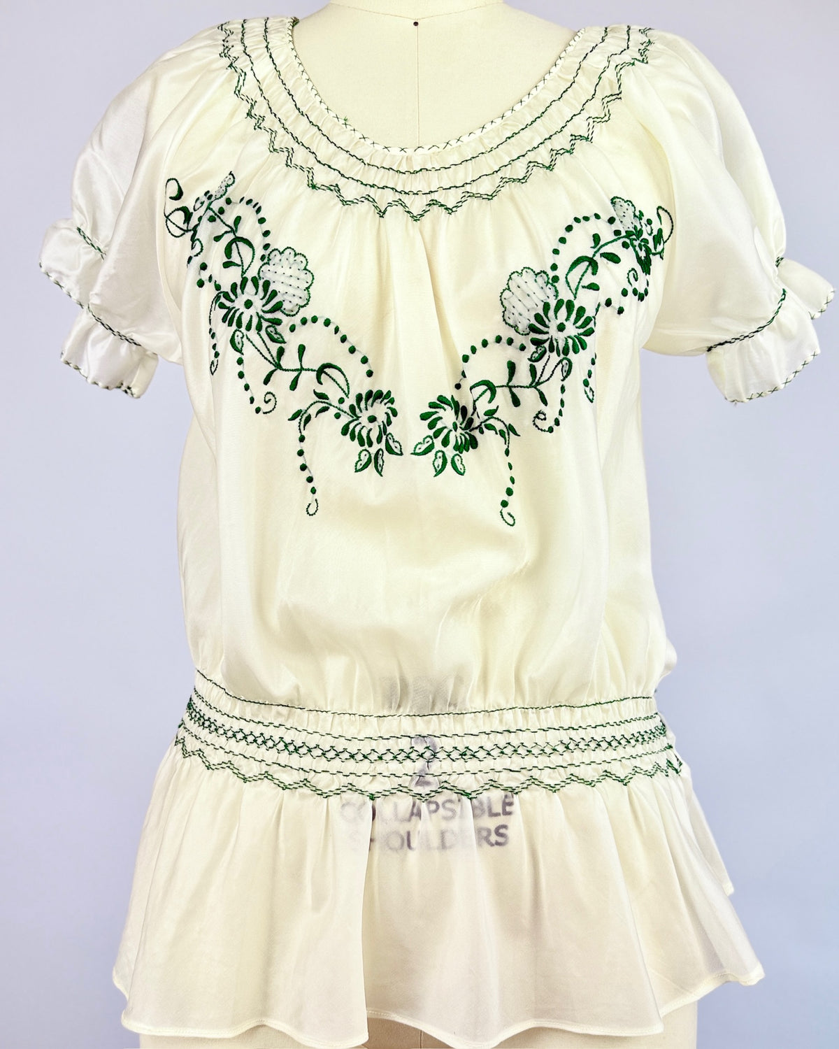 Green + Cream Embroidered Folk Blouse