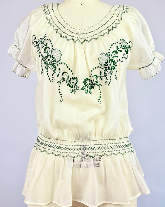 Green + Cream Embroidered Folk Blouse