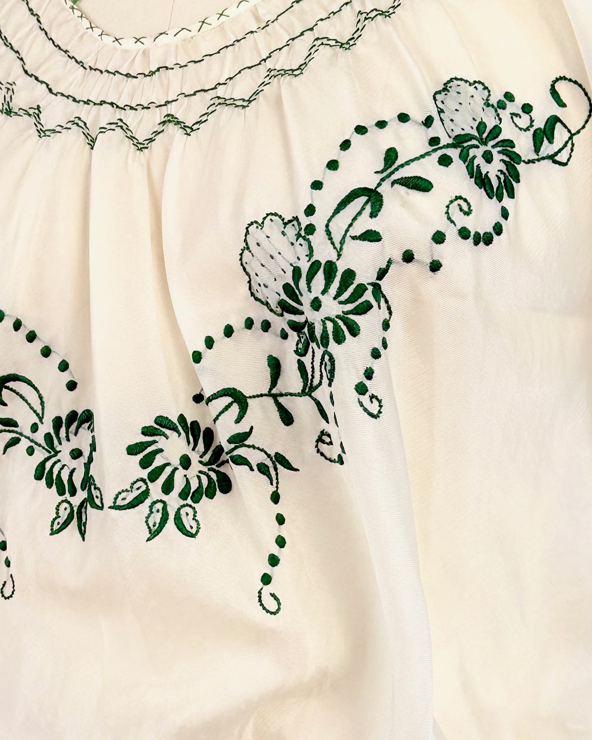 Green + Cream Embroidered Folk Blouse
