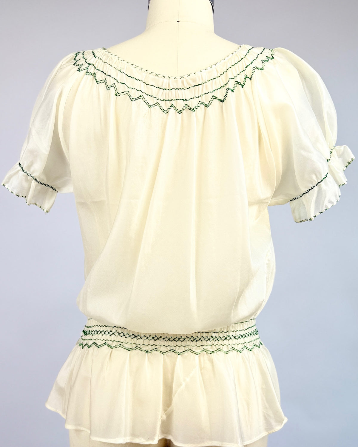 Green + Cream Embroidered Folk Blouse