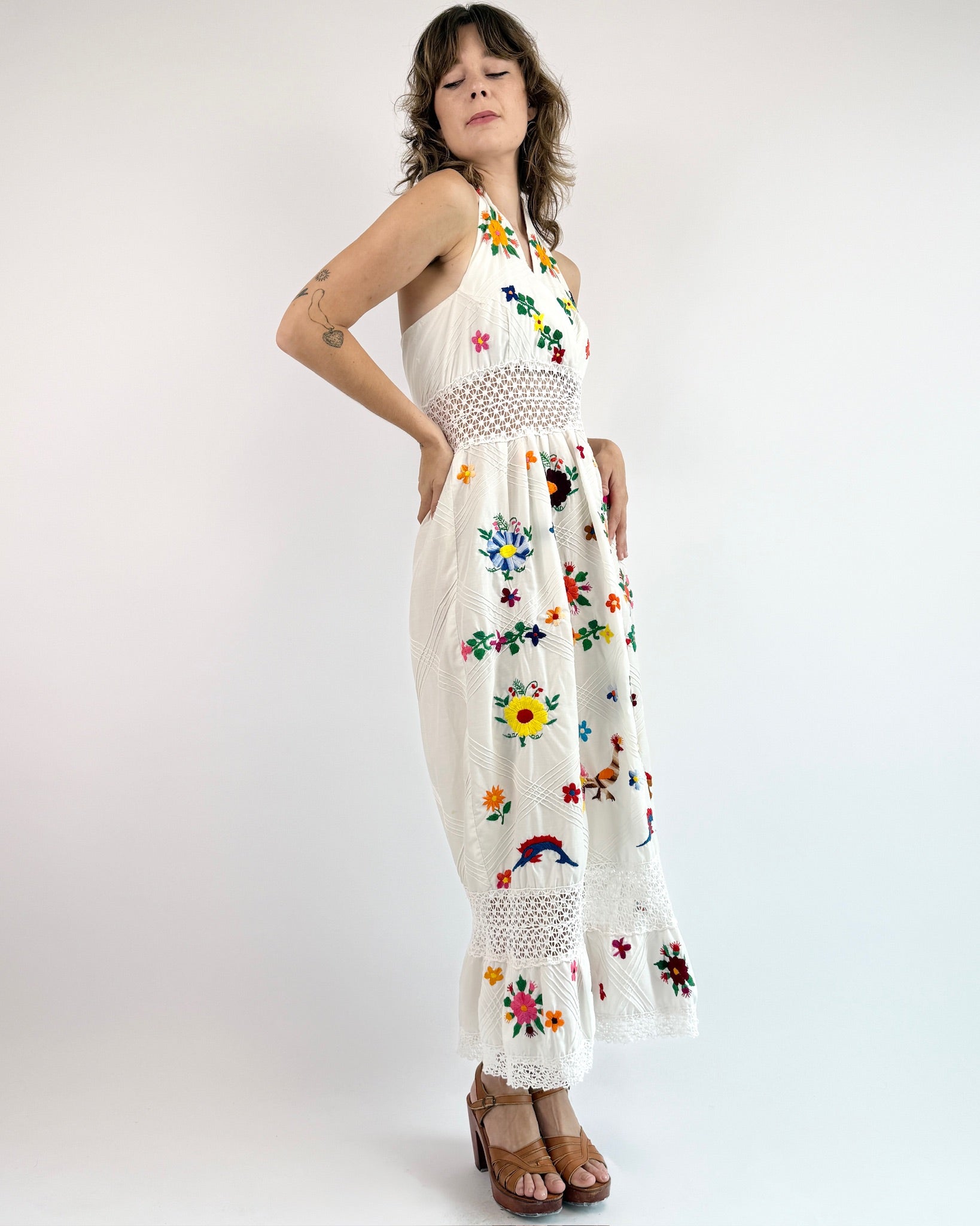 1970s Feathers Flock Together Halter Dress