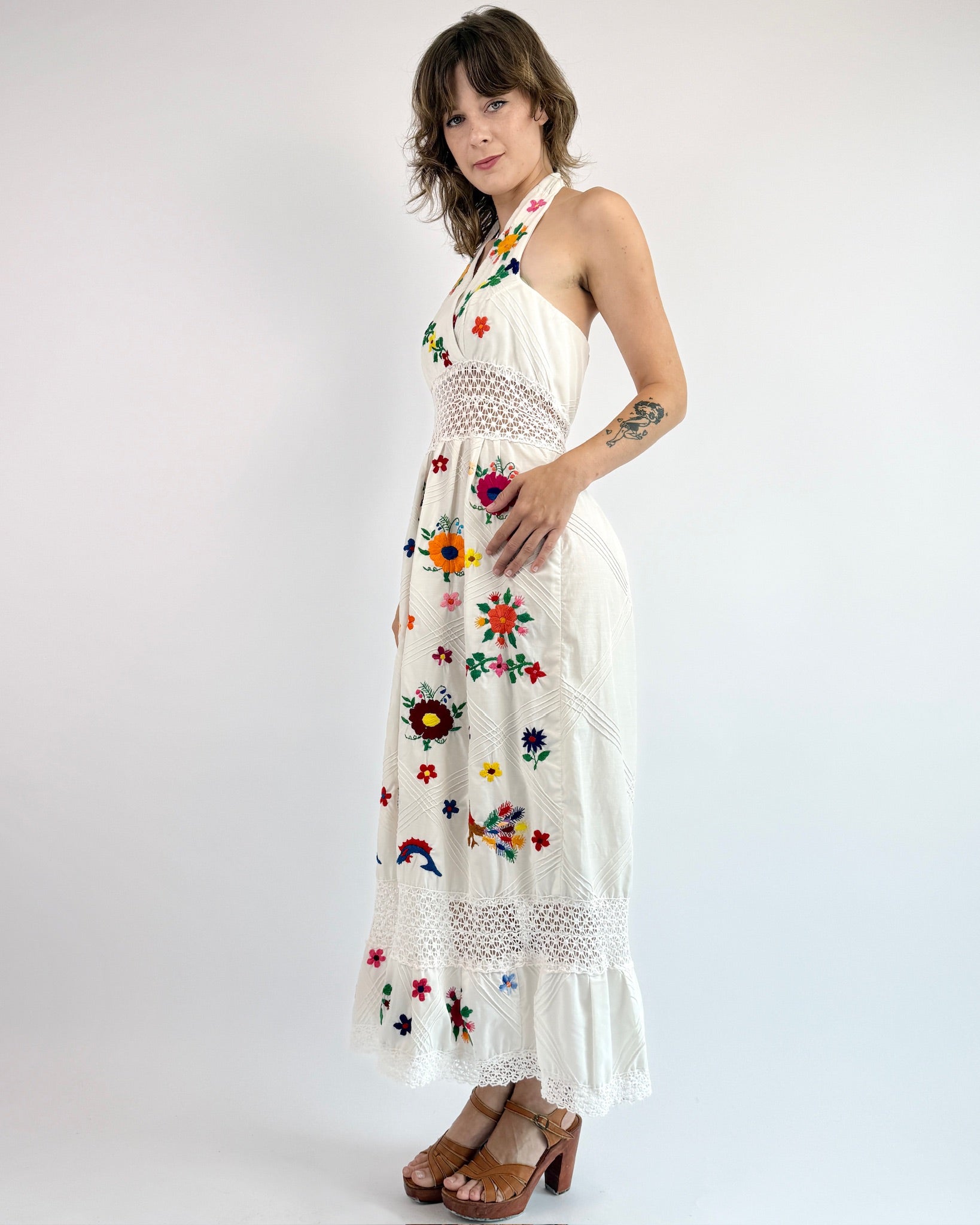 1970s Feathers Flock Together Halter Dress