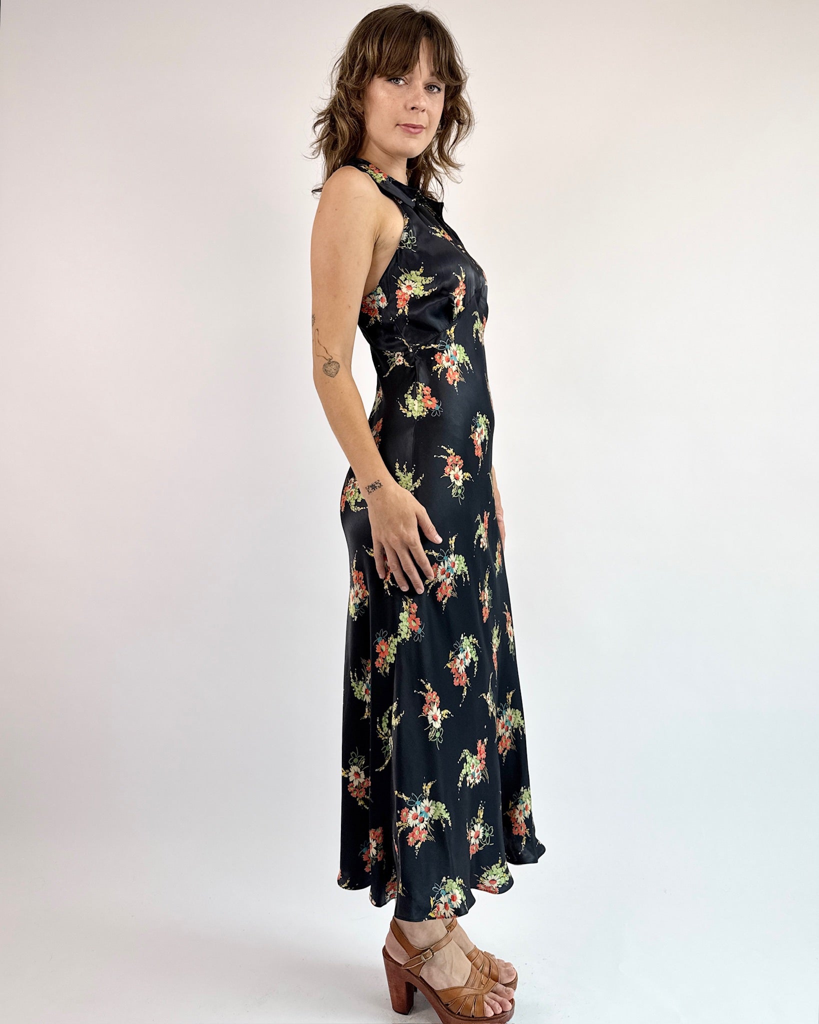 1930s Midnight Sun Satin Floral Dress
