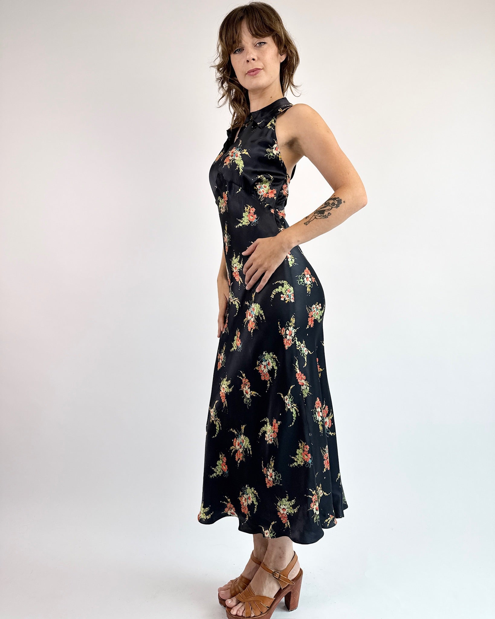 1930s Midnight Sun Satin Floral Dress