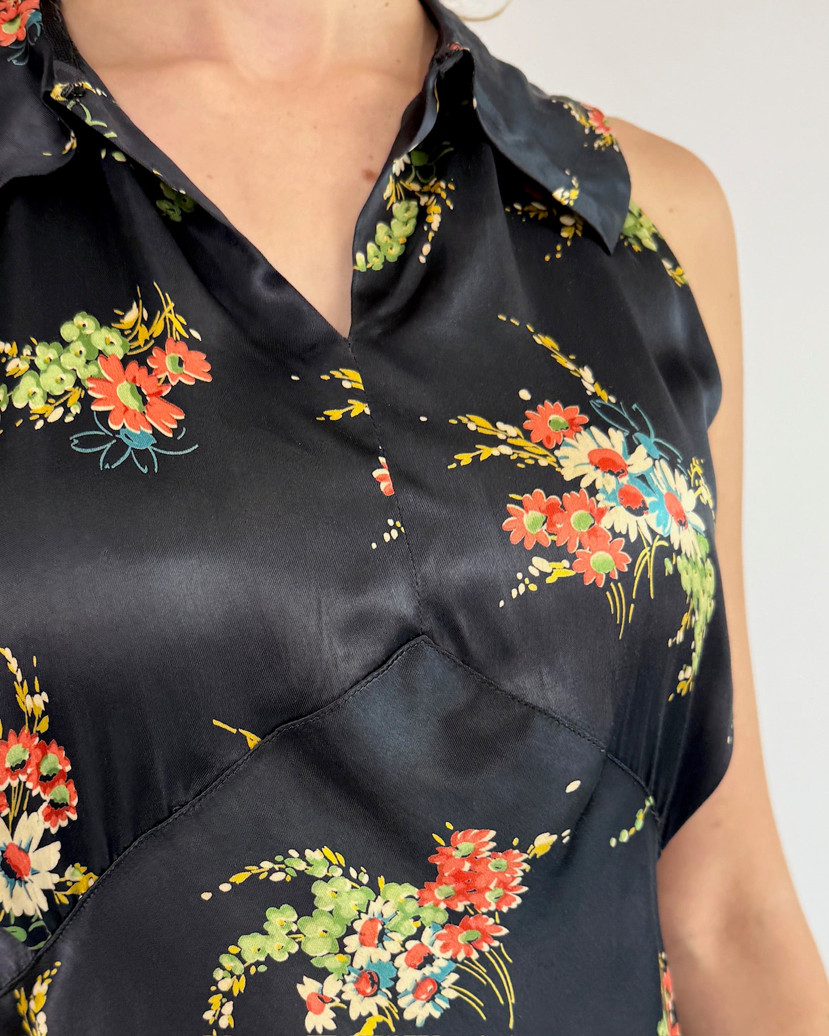 1930s Midnight Sun Satin Floral Dress
