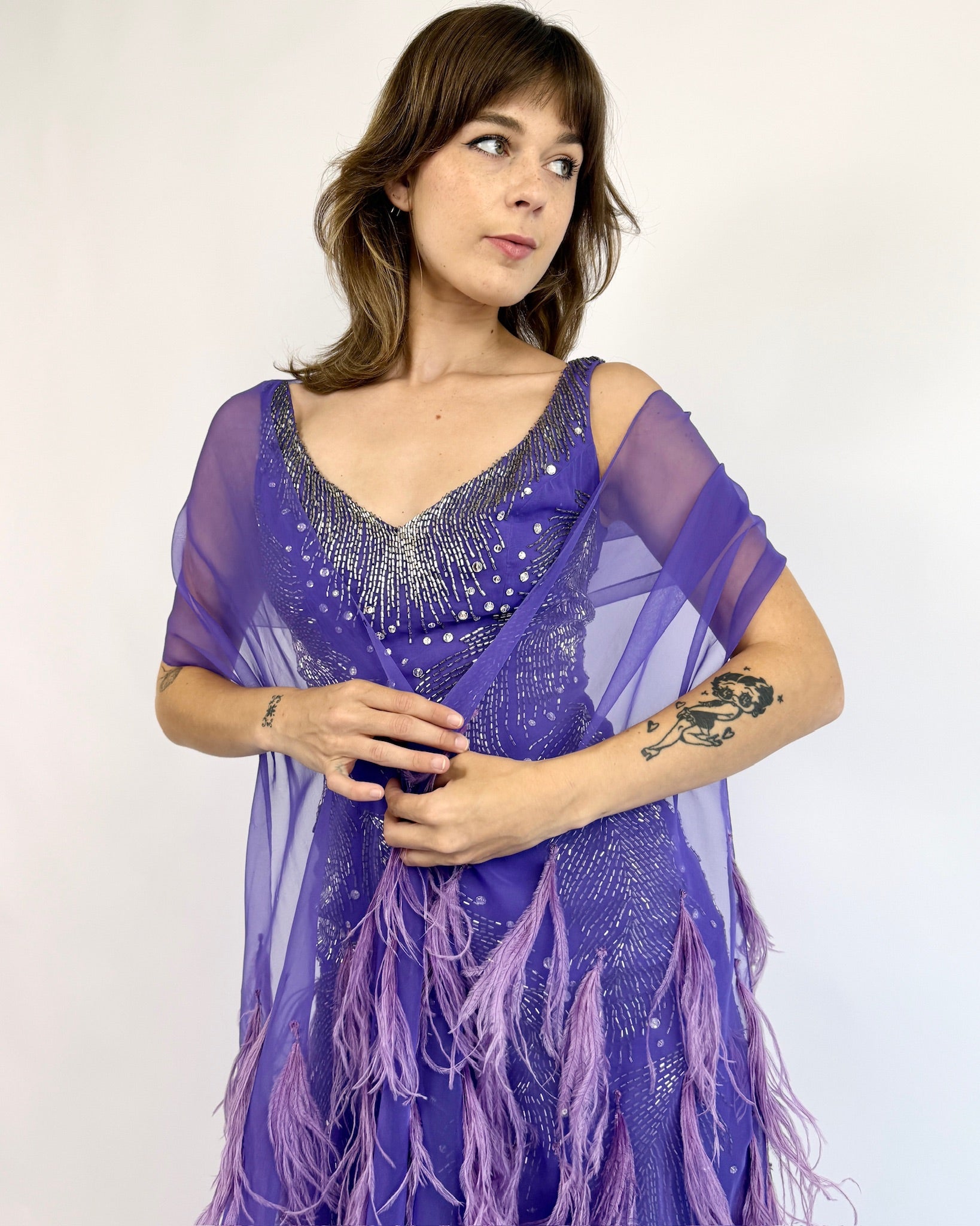 `1980s Ruben Panis All That Glitters Lilac Marabou Gown