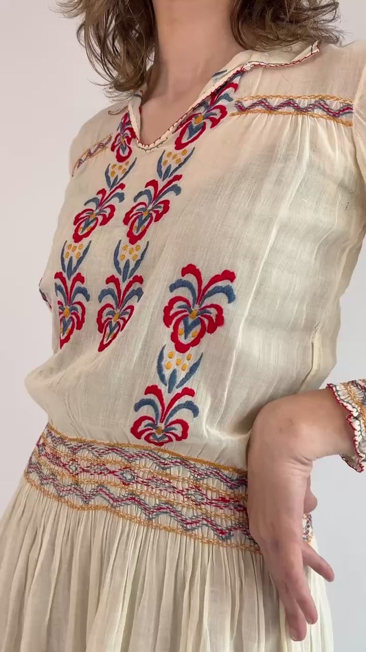 1930s Flowers Rise Hungarian Folk Art Dress