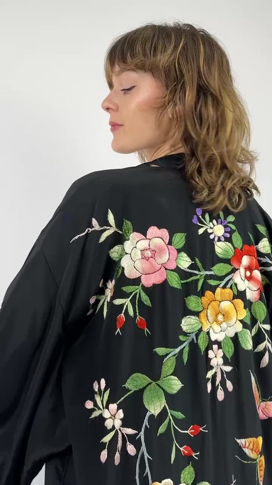 Through The Vines Black Embroidered Robe