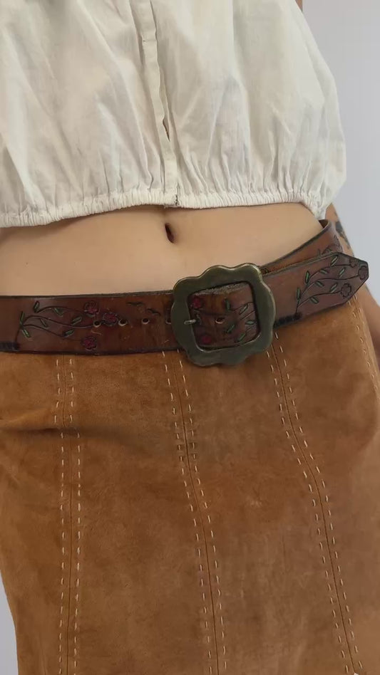 60s Tooled Rose Leather Belt