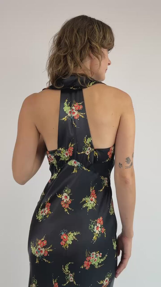 1930s Midnight Sun Satin Floral Dress