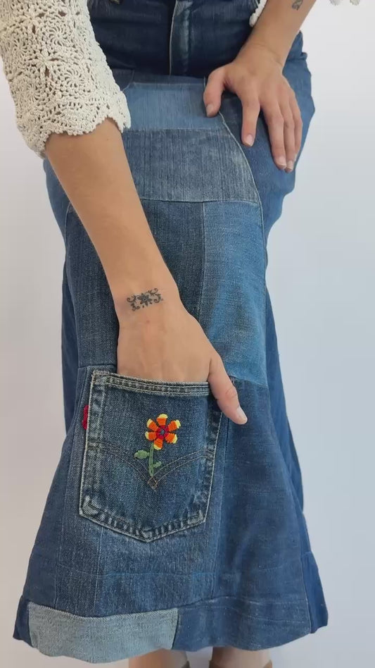 Pocket Full of Sunshine Denim Patchwork Maxi Skirt