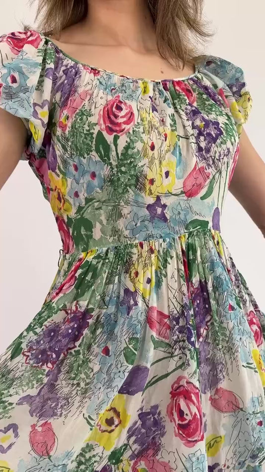 1940s Precious Petals Silk Dress